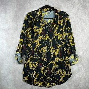 Ups & Down Shirt Womens Large Black Gold Chain Print Button Up Roll Tab Sleeve